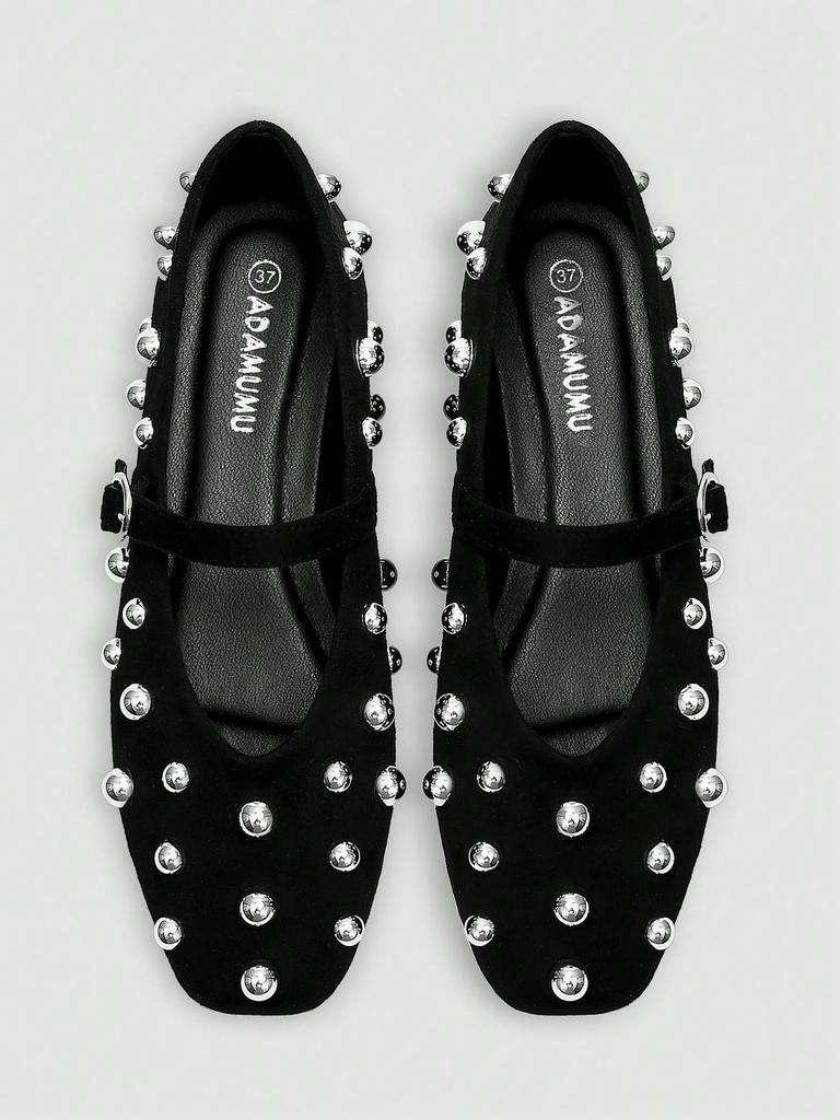 Black Mary Jane Flats, Silver Rivet Decor One-Strap Buckle, Retro Elegant Shoes