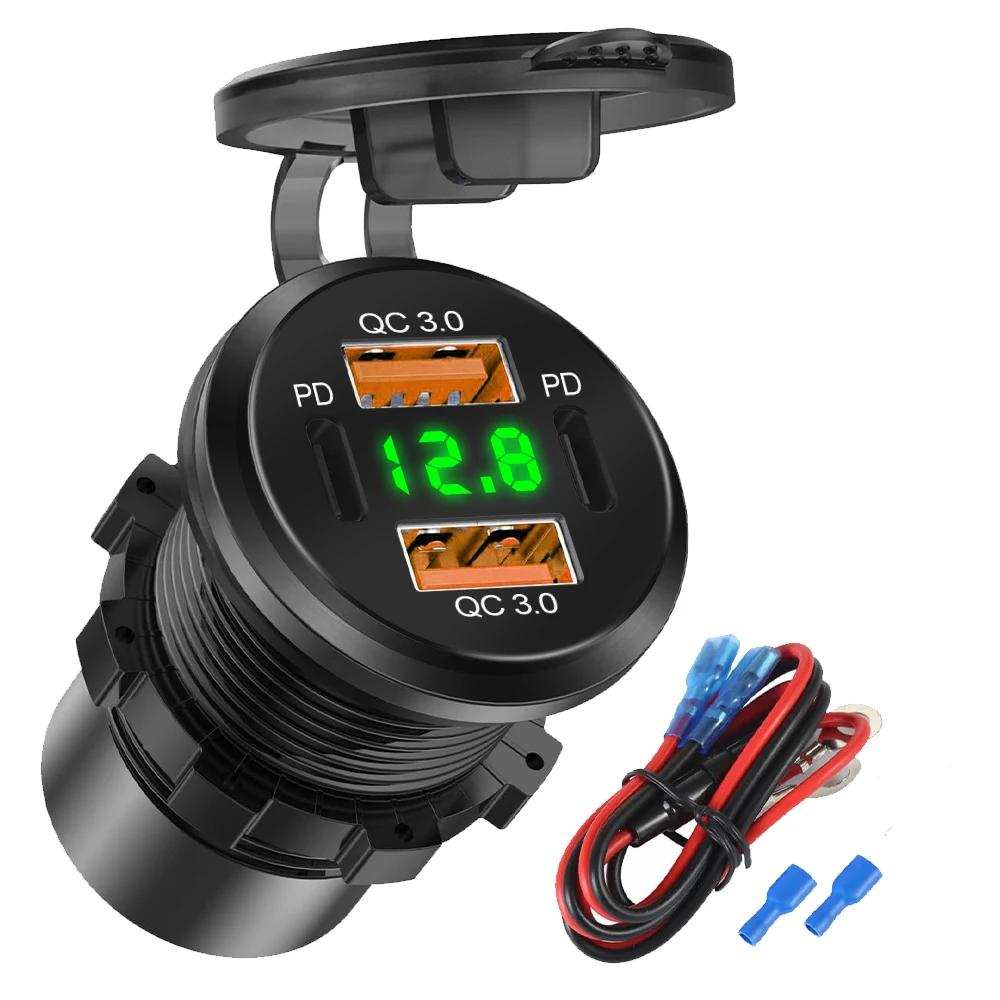 NEW 12-24V 96W Car Charger Power Outlet Socket Dual QC3.0 USB & Dual PD3.0 Fast Charging Outlet with LED Voltmeter Adapter