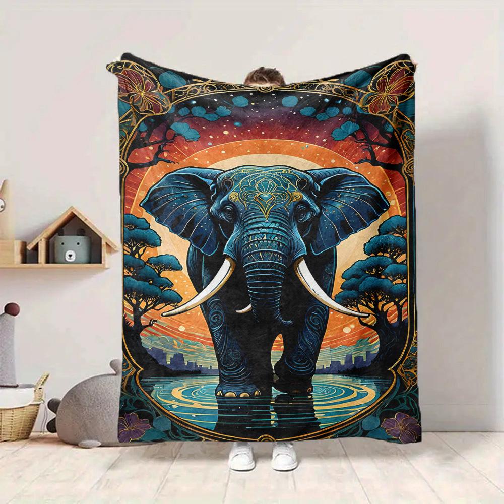 1pc Elephant Art Print Blanket Lightweight Blanket Throw Blanket For Sofa, Bed, Travel, Camping, Livingroom, Office, Couch, Chair Yy251010028