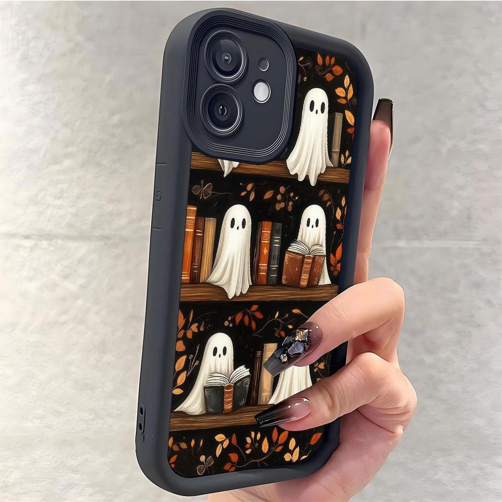 Ghost Head Bookshelf iPhone Case for 15/16/17 Pro Max - Black Groove Design
