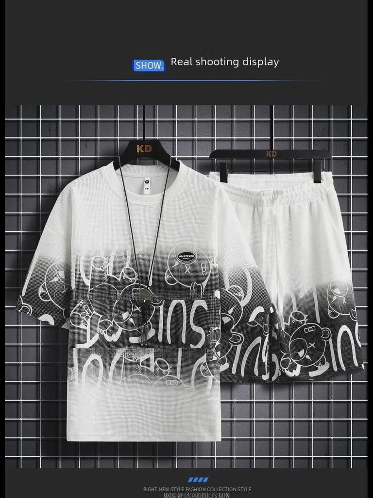 Pánská letní vaflová sada s krátkým rukávem a šortkami: M-5XL Volný ležérní dvoudílný sportovní outfit.