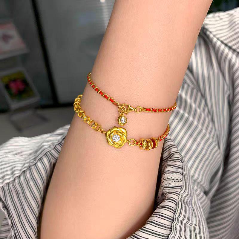 Golden Rose Entwined Bracelet with Rhinestone Ring and Hand-Woven Red Rope Chain Jewelry