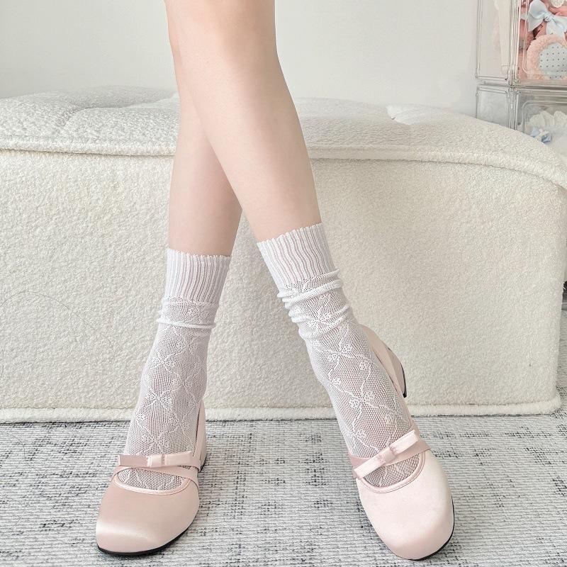 Black And White Lace Socks Spring And Summer Thin Mesh Medium Tube Stacking Socks Sweet Lolita Japanese Stockings Tide
