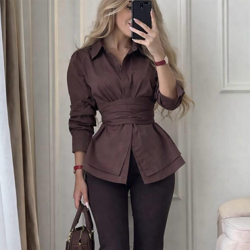 Women s 2026 Spring New Fashionable Elegant Collared Tie-Waist Solid Color Long-Sleeve Shirt Top S коричневый