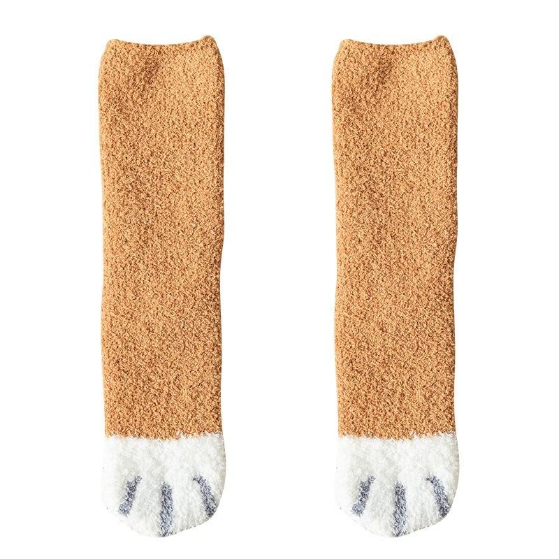 Autumn and Winter Coral Fleece Socks Women's Sleeping Mid-tube Socks Cute Cat's Claw Socks Thickened Warm Sweet Floor Socks