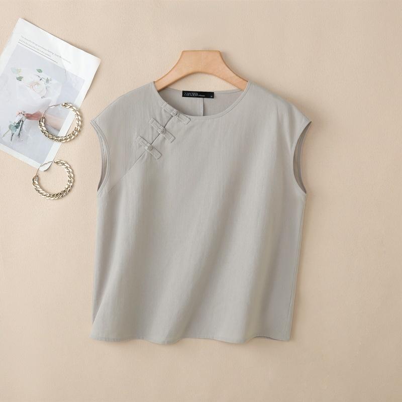 ZANZEA Women Casual Round Neck Solid Color Sleeveless Blouse S серый