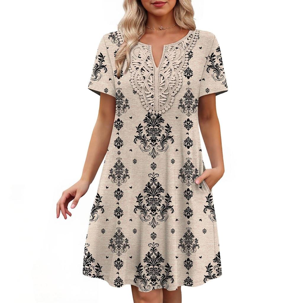 Damenkleid mit kurzen Ärmeln, lockerem Schnitt, knielang, mit geometrischem Print und besticktem Ausschnitt für den lässigen Alltagsgebrauch