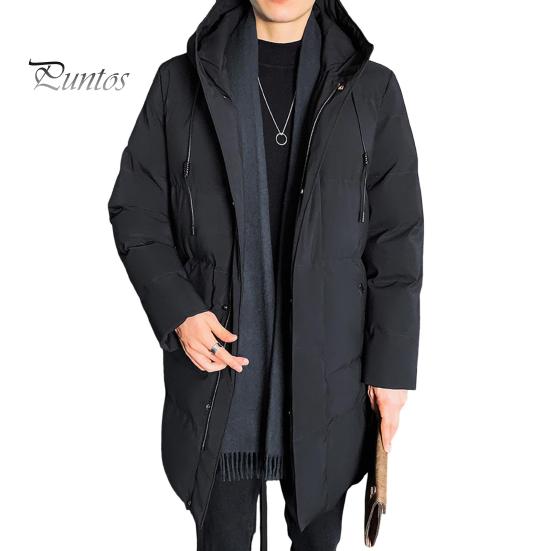 

Мужское хлопковое пальто с капюшоном, завязками на шнурке, длинными рукавами, застежкой-молнией по всей длине, хлопковая куртка с боковыми карманами, однотонная зимняя верхняя одежда средней длины M чёрный