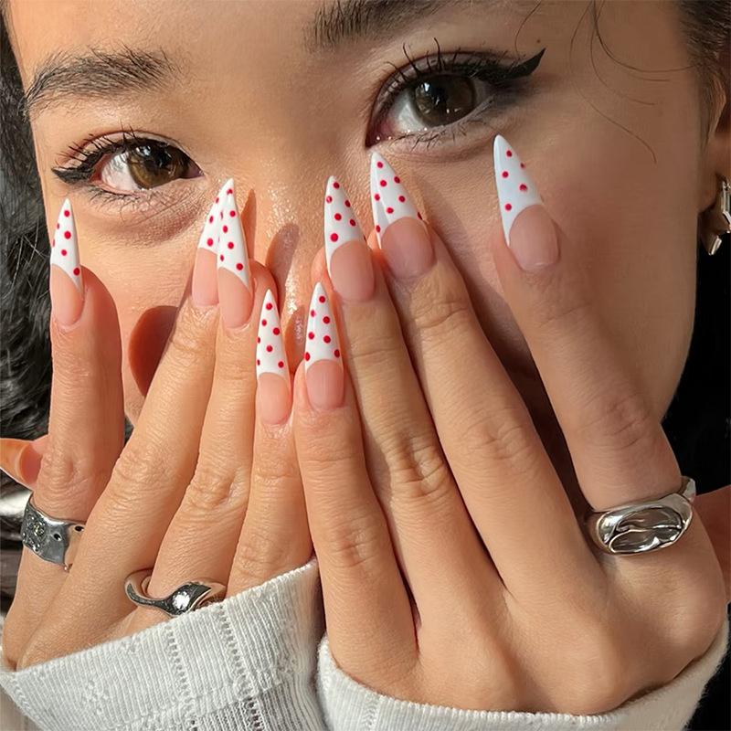 24PCS Simple Red White Polka Dots French Stick On False Nails Sweet Lace Almond Fake Nails for Girls Women Fashionable Manicure