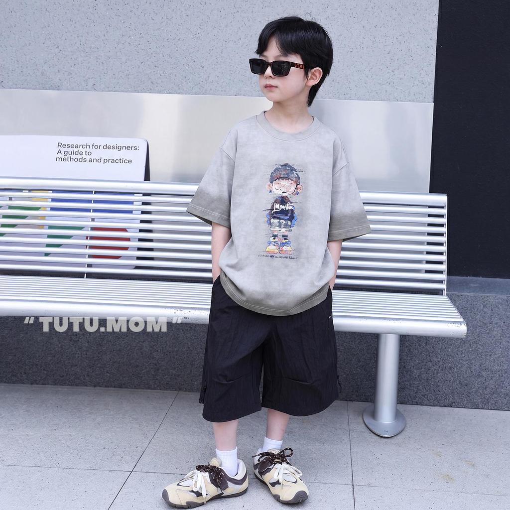 Available: Boys' Trendy Cartoon Print Tie-Dye Gradient T-Shirt - Casual Summer Short Sleeve for Older Kids