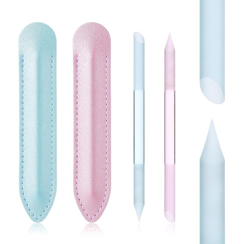 Giantree 2 Pcs Glass Cuticle Pushers, with Leather Case Double-Headed Cuticles Removal Tool, Glass File Fingertip Precision File Cuticles Remover, Transparent, Green, and P