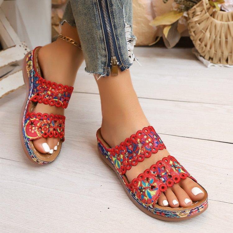 Women s Ethnic Style Embroidered Slide Sandals Comfort Wedge Platform Slippers Summer Casual Shoes 37