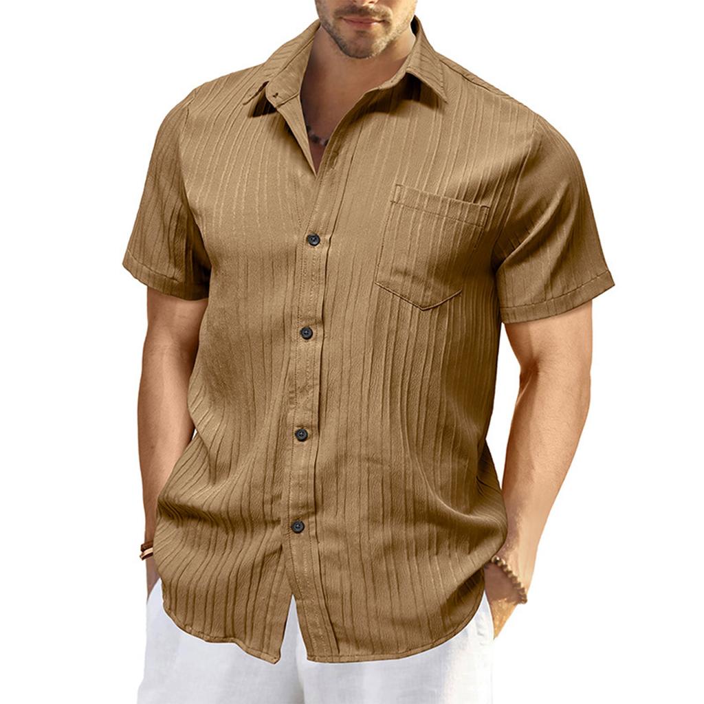 Men'S Fashion Collar Solid Color Shirt Casual Short Sleeved Top