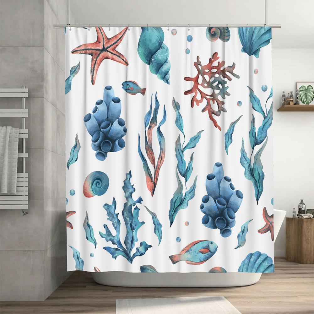 Underwater World Shower Curtain Aqua Seashells Coral Design for Bathroom Decorations Waterproof Fabric with Rings Set (White)