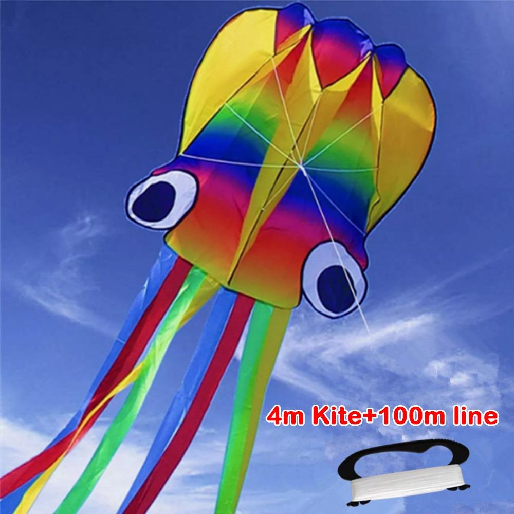 Wind Resistant Giant Kite Rainbow Color Inflatable Kite New Soft Kite  for Adults Children 4m Kite+100m line