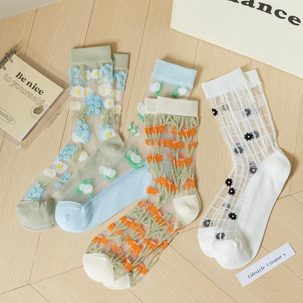 Crystal Silk Floral Embroidery Socks Ultra-Thin Nylon Long Socks Chic Mid-Tube Socks Cosplay