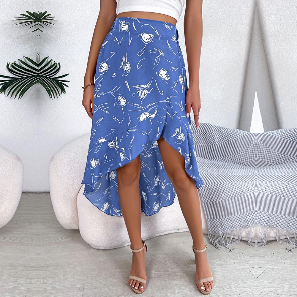 Dámské elegantní sukně jaro/léto květinové asymetrické volány s vysokým pasem