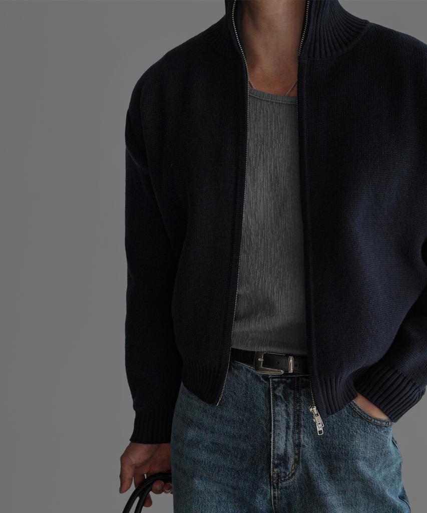 Baulopeulodeogteu Heavy Cotton Crop Knit Zip-Up [Navy]