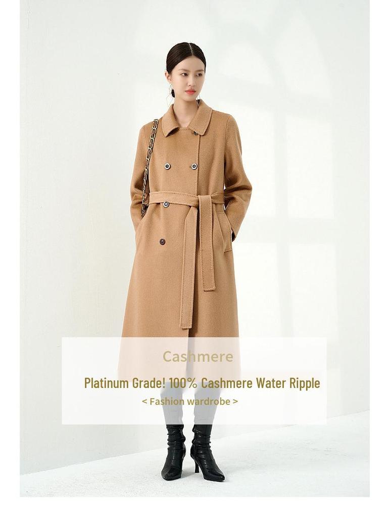Women's Long Double-Faced 100% Pure Cashmere Ripple Coat with Horn Buttons for Autumn/Winter