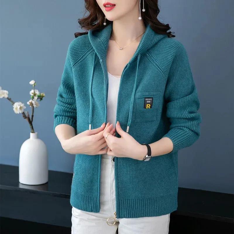 Women's Autumn Hooded Thickened Knit Cardigan - Loose-Fit Elegant Outerwear Sweater Jacket