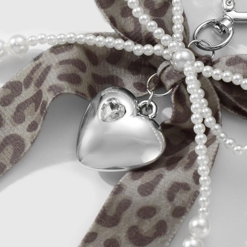 Y2K Sweet Leopard Beads Ribbon Love Bow Keychain Imitation Pearl Key Ring Student Women's Charms Bag Backpack Pants Decoration