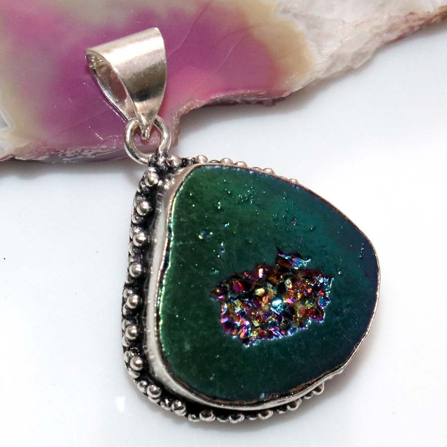 Titanium Druzy 925 Silver Plated Pendant 1.7" Spiritual Gift Most Beautiful A9z03