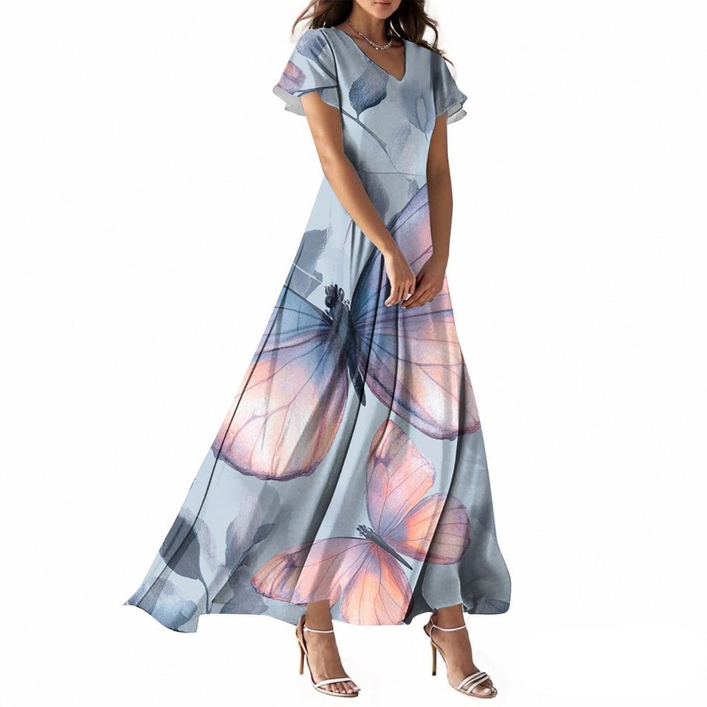 Women's Summer Casual Fashion Butterfly Print Dress V Neck Short Sleeve Dress