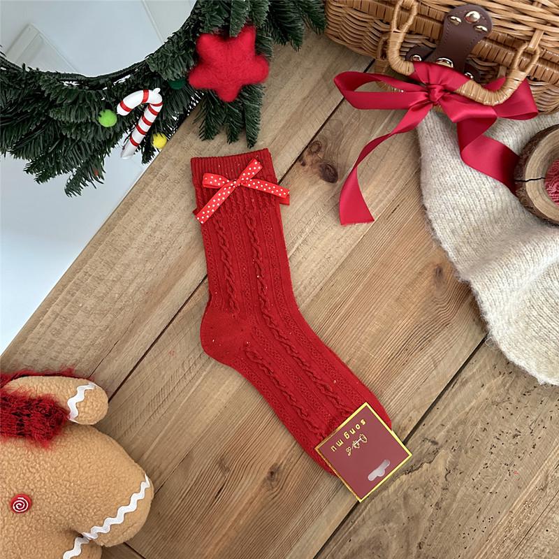 2025 Year of the Snake Red Cat Bow Women's Christmas Socks - Pure Cotton, Kitty Design for Autumn and Winter