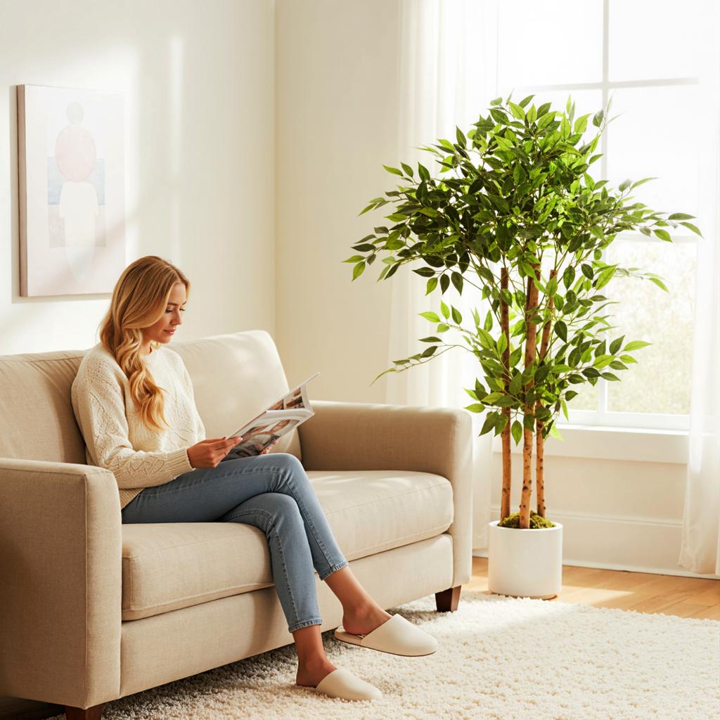 Arbre Ficus Artificiel 120cm, Faux Arbre en Pot avec Tronc en Bois Massif et Pot pour Intérieur, Vert