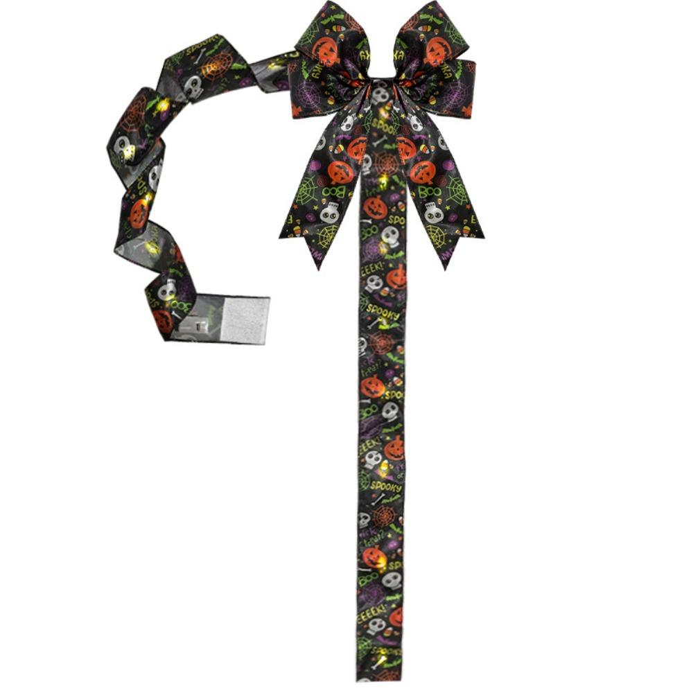 Satin Fabric Halloween Bow Black Color Light Up Design Lighted Bow Spooky Pattern Embroidered Fabric Bow Ornament