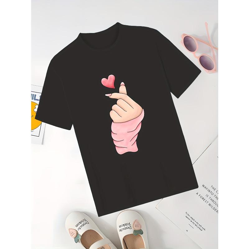European sizes Girls' Casual Short Sleeve T-Shirt - Black with Pink Heart Hands Print, Soft Stretch Round Neck Top for Spring/Summer Play