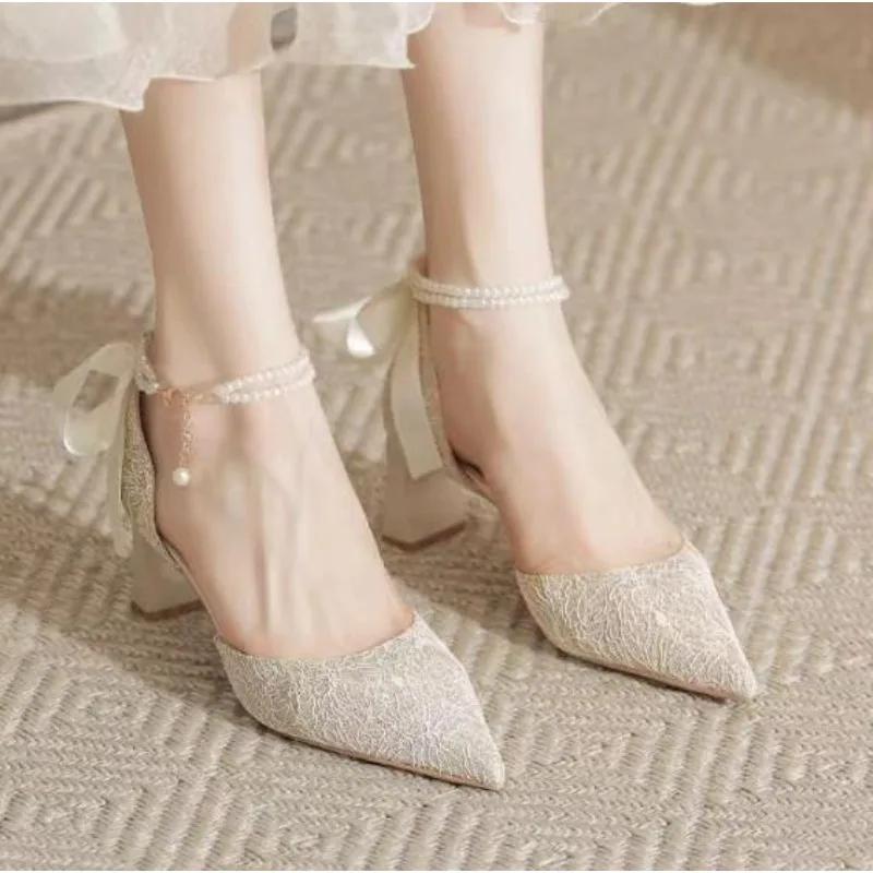New Summer Luxury Women Pearl High Heels Chunky Heel Princess Bow High Heel Sandals Party Wedding Shoes Plus Size Zapatos Mujer