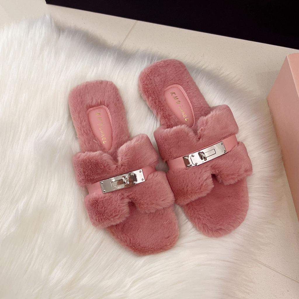 Comfortable Princess Thick-bottomed Fluffy Slippers Women's Autumn and Winter High-end Outer Wear 2025 New Indoor Home One-word Cotton Mop