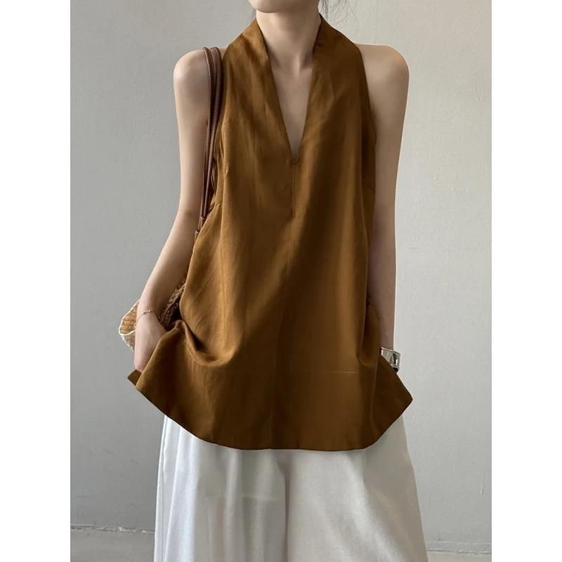 Women Halter V-Neck Sleeveless Linen Style Top Loose Casual Blouse S