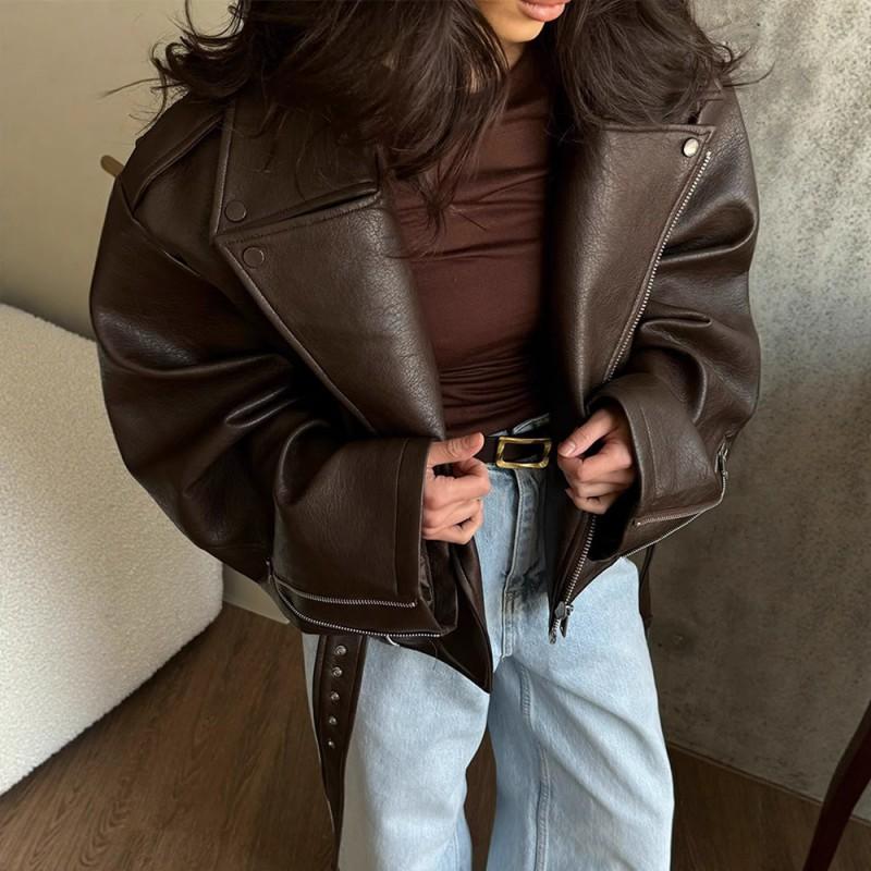 Womens Brown Faux Leather Jacket Turn-down Collar Short Belted Trendy INS Style