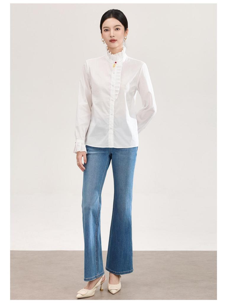 Damen Hemd aus reiner Baumwolle mit französischem Rüschenbesatz - Frühlings-Oberteil mit Micro-Flare Langarm