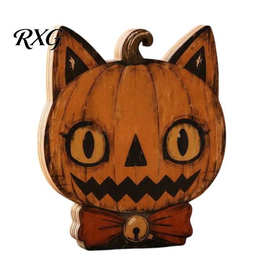 Artistic Home Office Decor Halloween Wooden Ornaments, Distressed Pumpkin/Cat Decorations, Desktop & Wall Modern Retro Desk Display Decors for Autumn