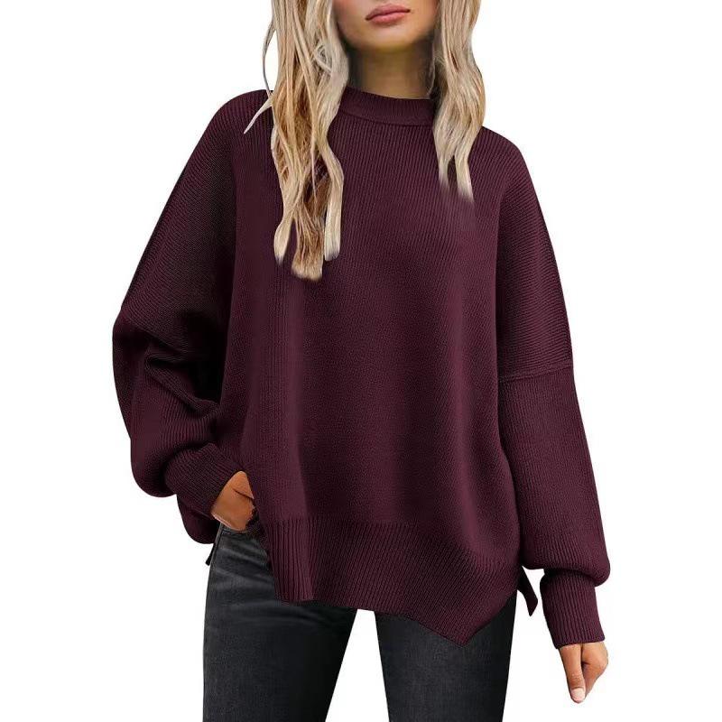 2025 Women's Round Neck Batwing Long Sleeve Knit Sweater with Exposed Seam and Side Slit