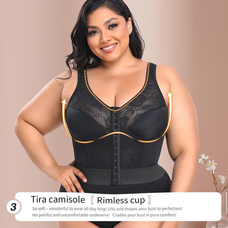 Lace Front Closure Full Cup Bra, Wirefree Thin Longline Shaping Bralette