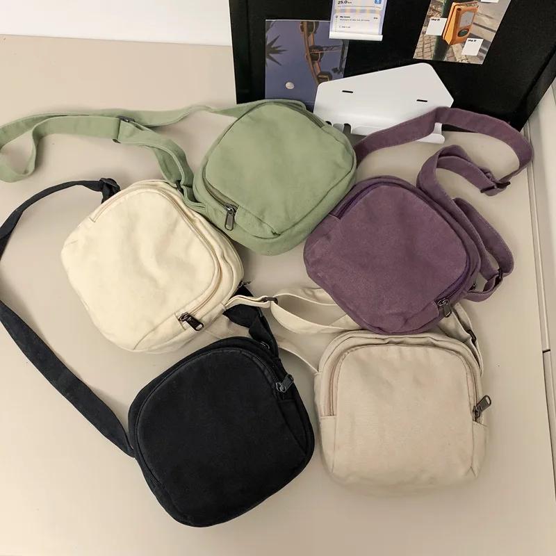 Small monochromatic square bag for women washed canvas shoulder bag for cell phone versatile casual bag