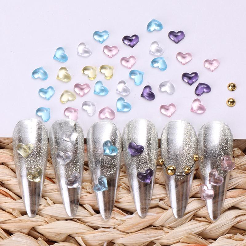12 Grids 3D Colored Heart Shape Nail Art Charms Transparent Love Heart Resin Stones Jewelry Pearl Decor Manicure