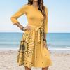 Women's Fashion Casual Waistband Seven Sleeve Round Neck Floral Flowy Dresses