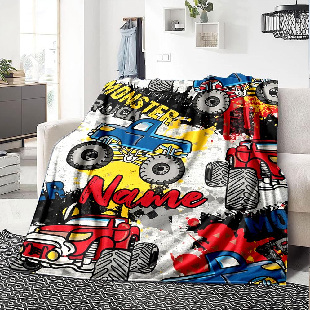 Custom Name Truck Theme Printed Blanket - Perfect for Couch, Bed, Travel & Outdoor Use | Machine Washable, Cozy & Durable.