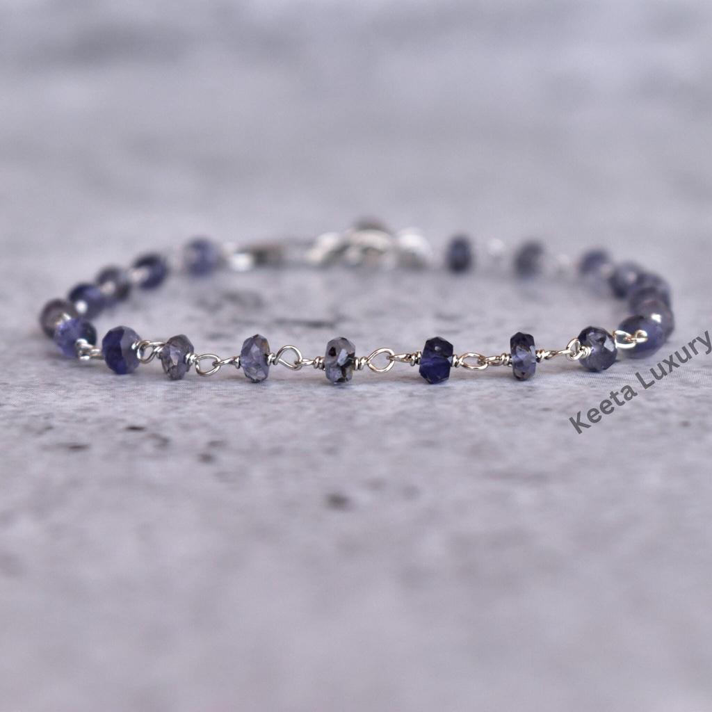 Iolite Beaded Bracelet Blue Gemstone Faceted Beads Bracelet Rosary Stacking Bracelet Water Sapphire Jewelry In Silver Iolite Jewelry