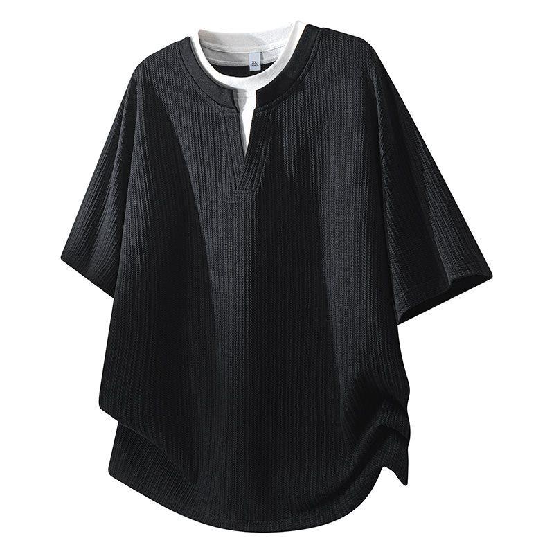 Men's Summer Trendy Casual Loose Fit Two-Piece Look Henley T-Shirt