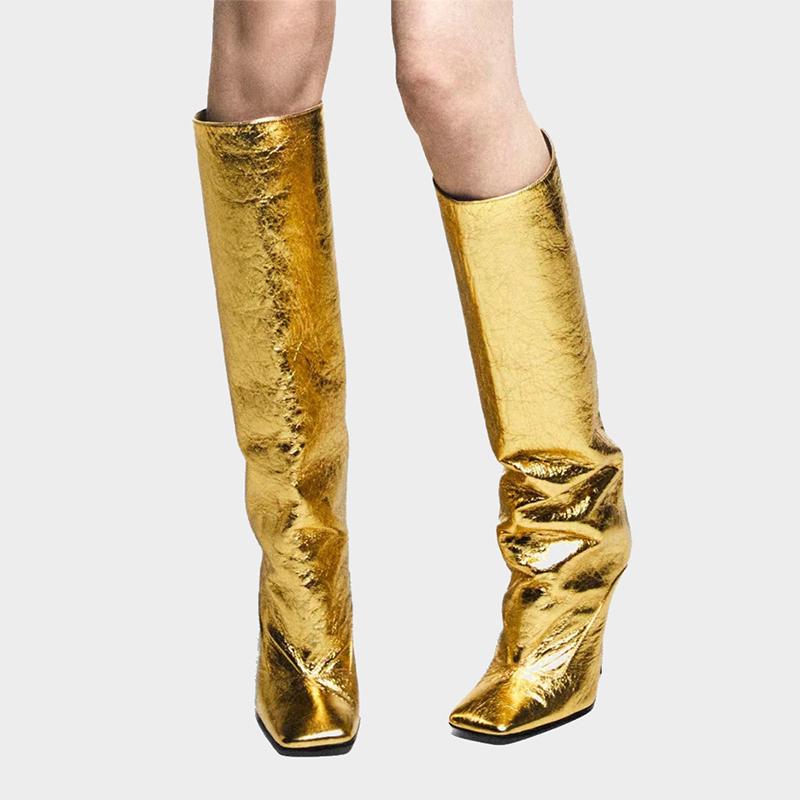 Fashion Silver Gold Fine Heel Square Head Knee Length Boots 2025 Winter New Versatile Slim Sleeve Long Boots Large 43 Women's Shoes