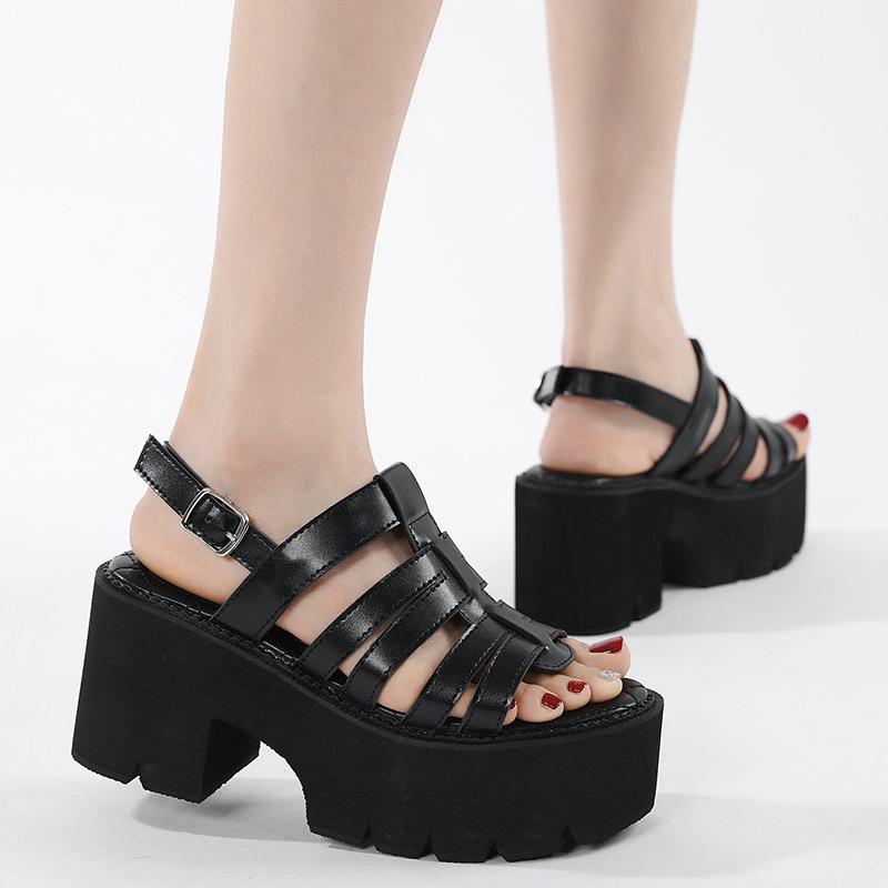Fashion Black Chuky Heel Gladiator Sandals Platform Women Shoes Pumps Ankle Strap Open Toe Casual Shoes Cosplay Lolita Zapatos De Mujer