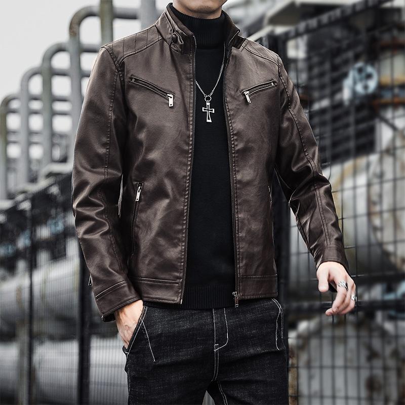 Herren Stehkragen Lederjacke Herbst und Winter Neue Oberteile Herren Samtverdickte Arbeitsjacke