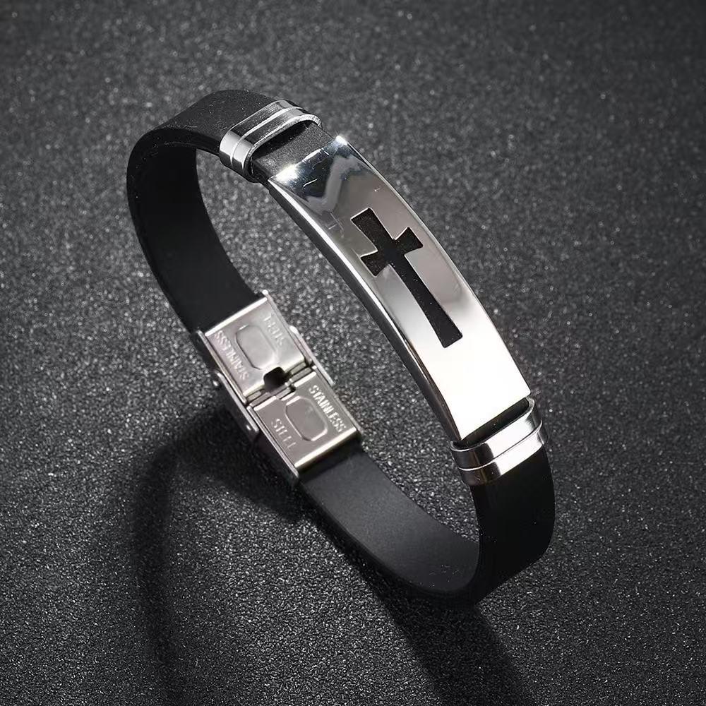 Men's Fashionable PU Leather Cross Bracelet with Stainless Steel Ornament