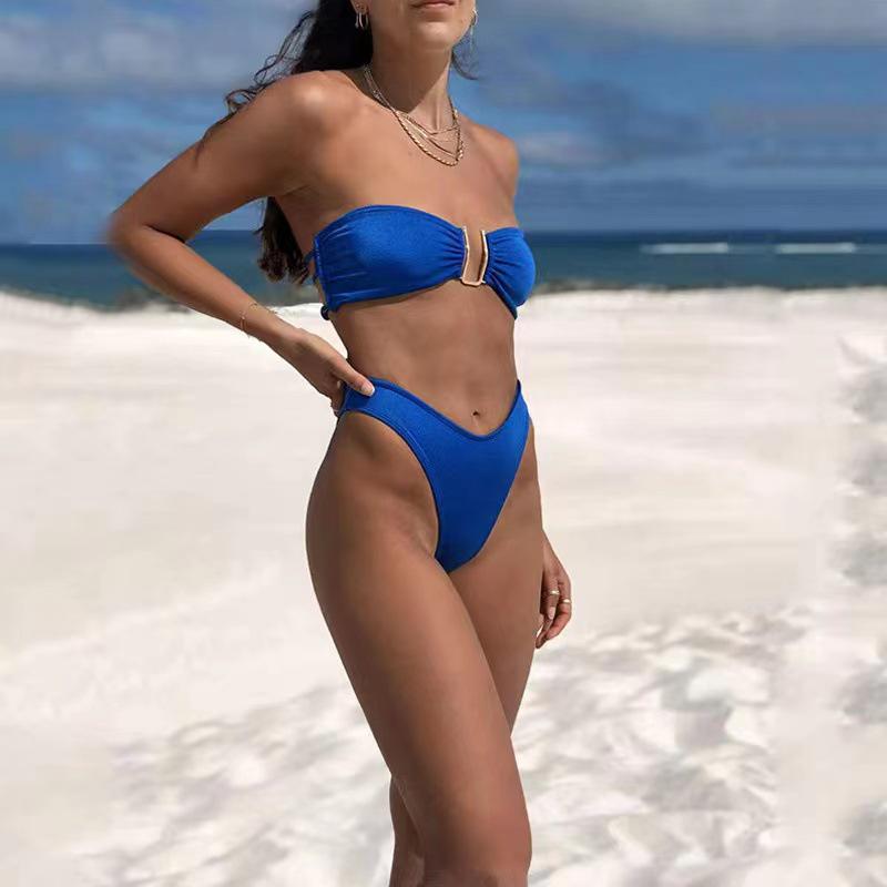 2025 European & American High Waist Solid Color Swimwear Bikini